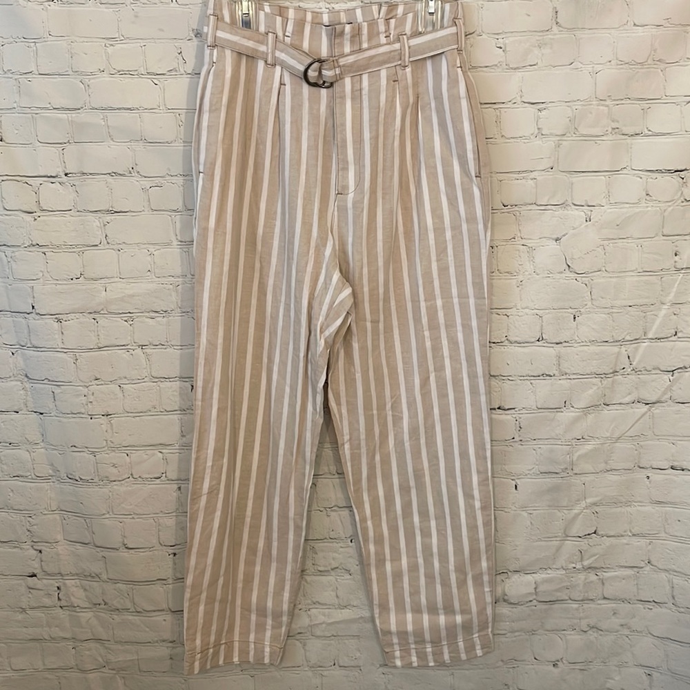 Abercrombie and Fitch High Waisted Linen striped neutral trouser pants - Picture 3 of 9